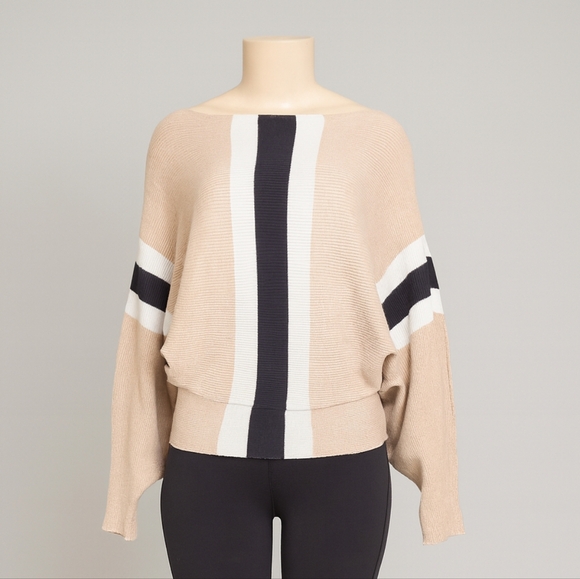 Gab­erly Beige Knit Sweater with Black & White Stripes – Size Medium - Picture 1 of 6